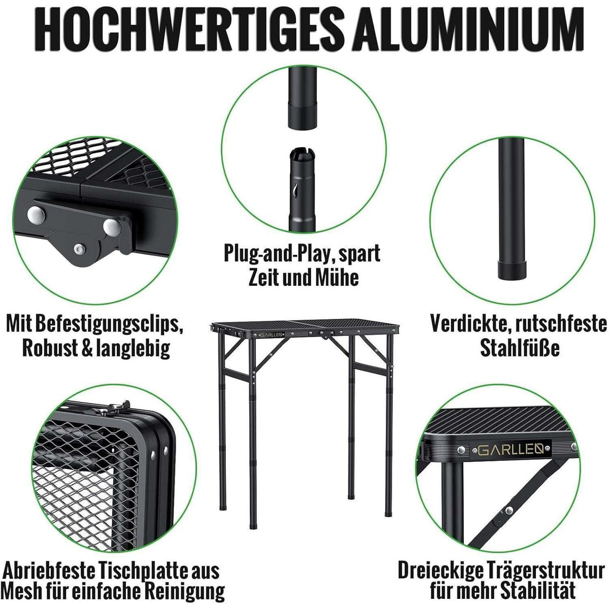 Klapptisch Camping höhenverstellbar 58x40cm, leicht & robust