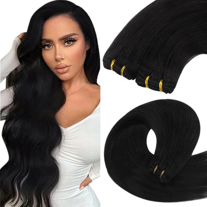 Echthaar Tressen Schwarz 60cm - Remy Weft Extensions für Volumen & Länge