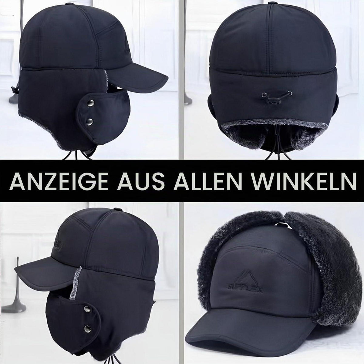 Wintermütze Herren mit Ohrenklappen & Mundschutz – Trapper Mütze Schwarz