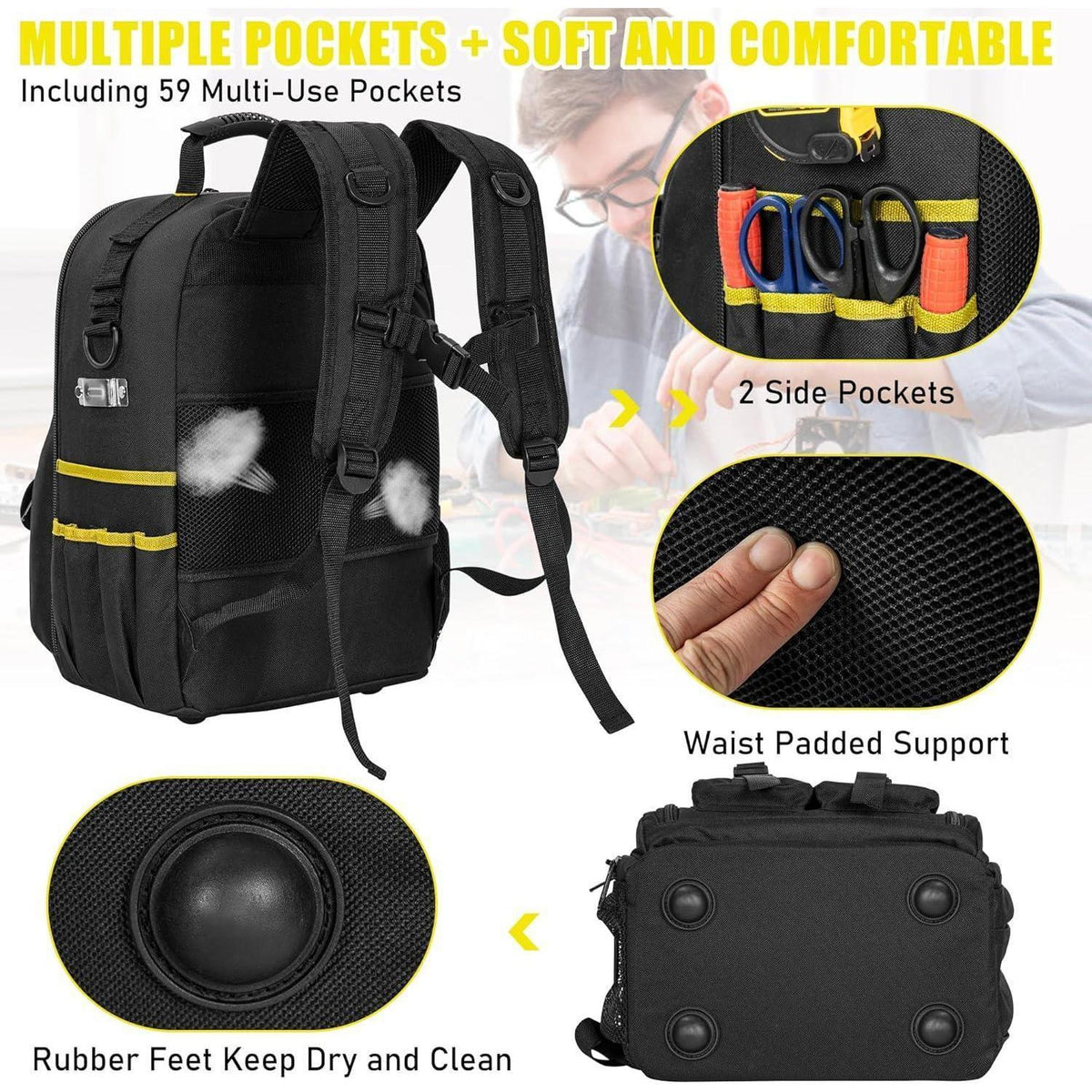 Werkzeugrucksack mit Organizer, wasserdicht, gepolstert, Schwarz Gelb