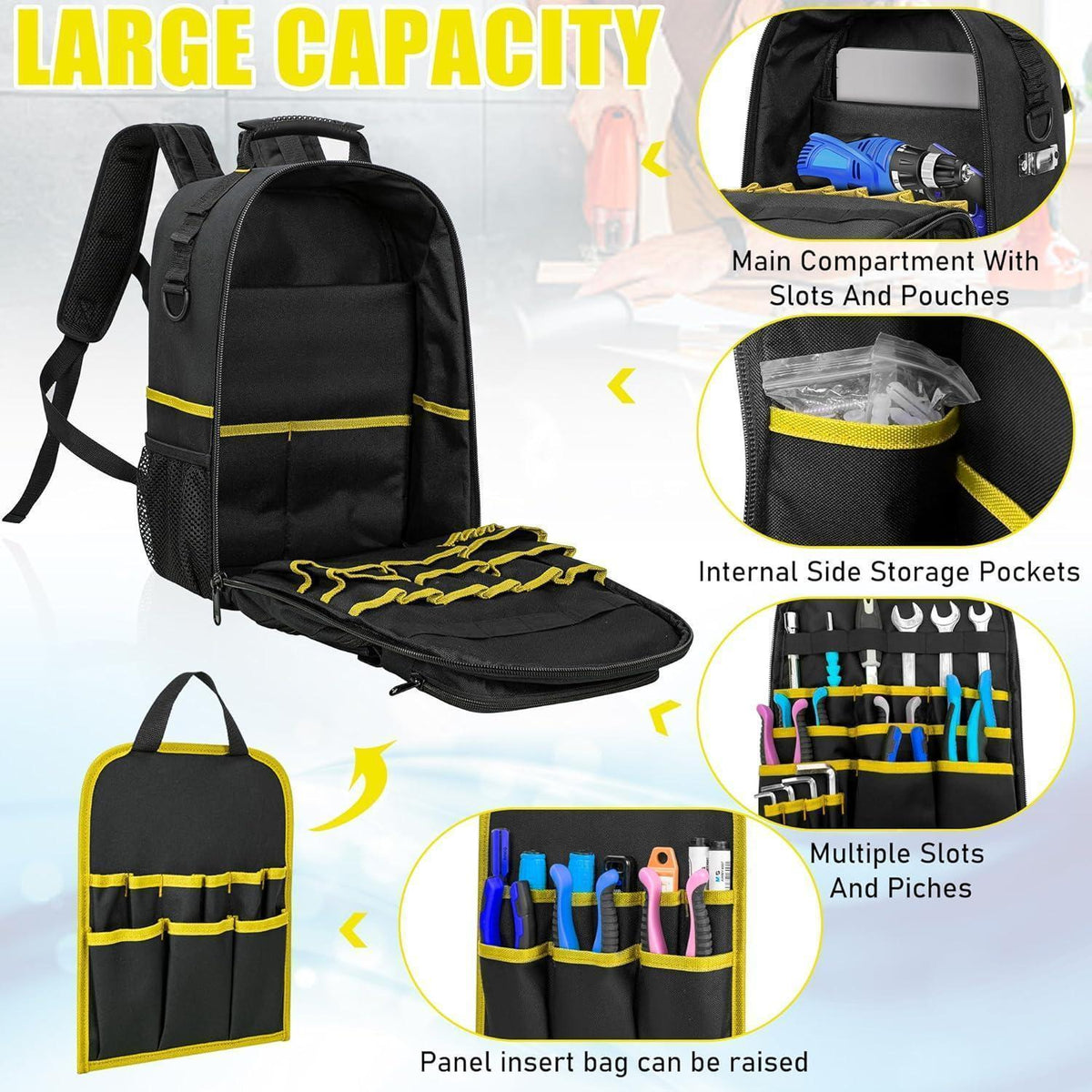 Werkzeugrucksack mit Organizer, wasserdicht, gepolstert, Schwarz Gelb