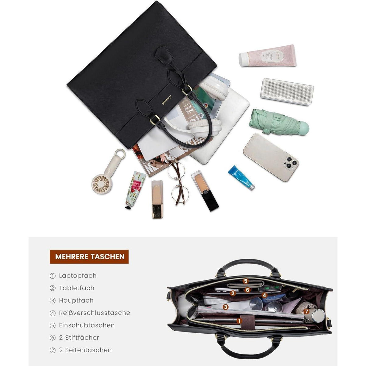 Laptoptasche Damen 17,3 Zoll, Groß, Wasserdicht, mit Handgelenktasche in Lederoptik