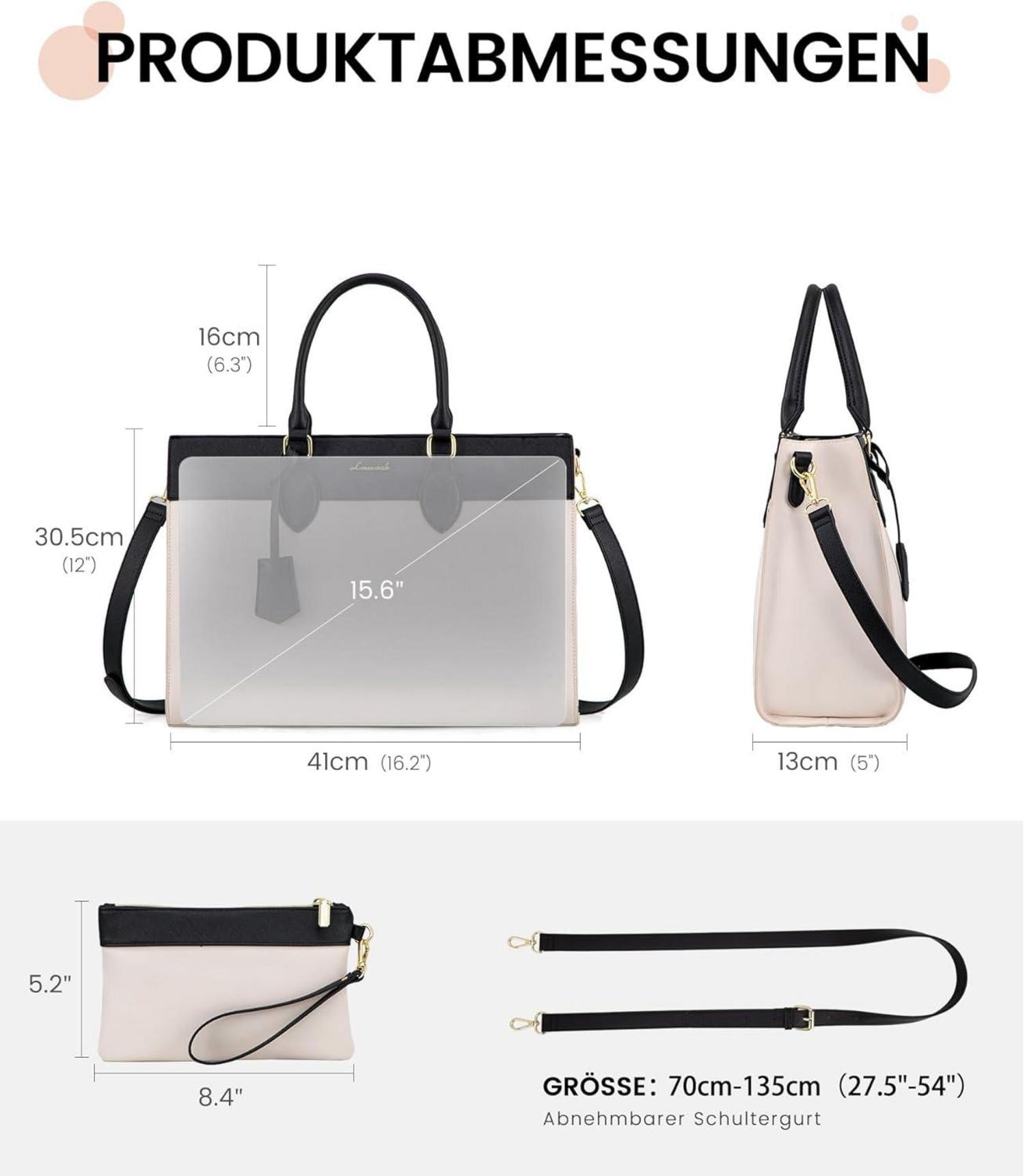 LOVEVOOK Laptoptasche Damen 15,6 Zoll Handtasche Groß Schwarz Beige