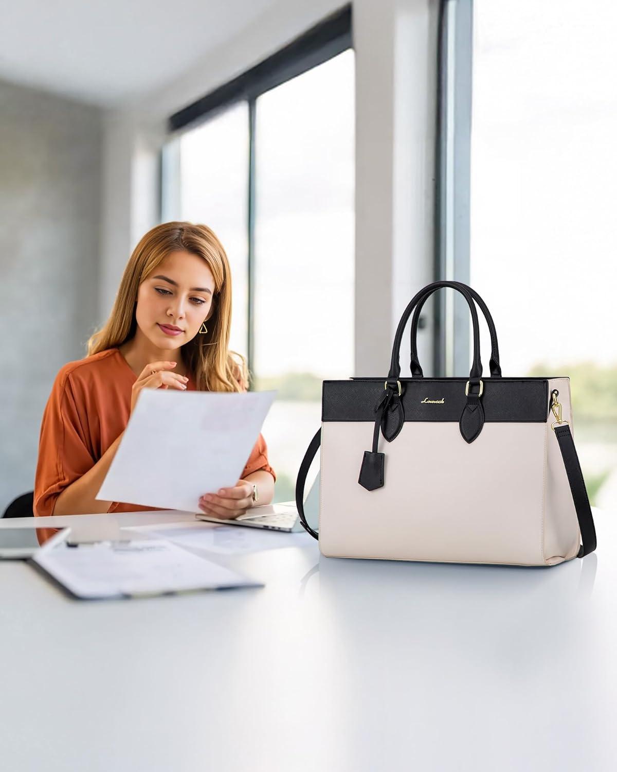LOVEVOOK Laptoptasche Damen 15,6 Zoll Handtasche Groß Schwarz Beige
