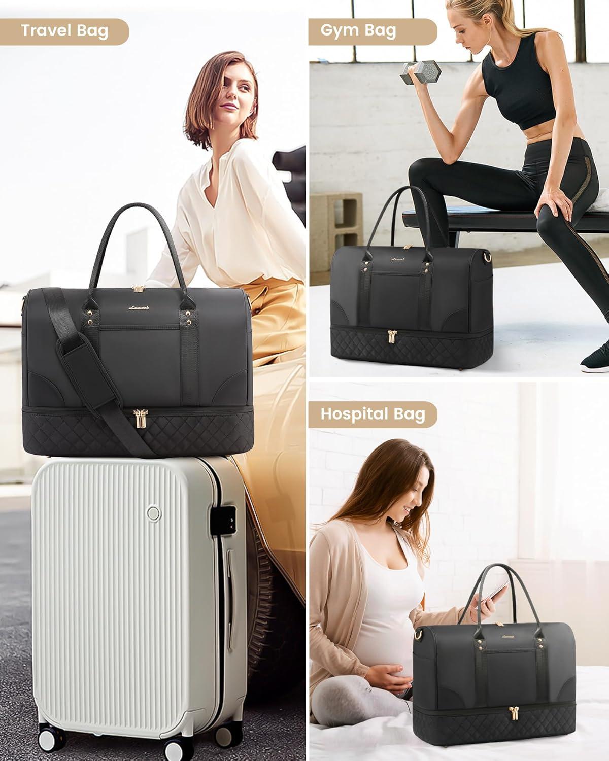 LOVEVOOK Reisetasche Damen Weekender Bag mit Schuhfach und Nassfach, 2-teiliges Set Groß, Schwarz