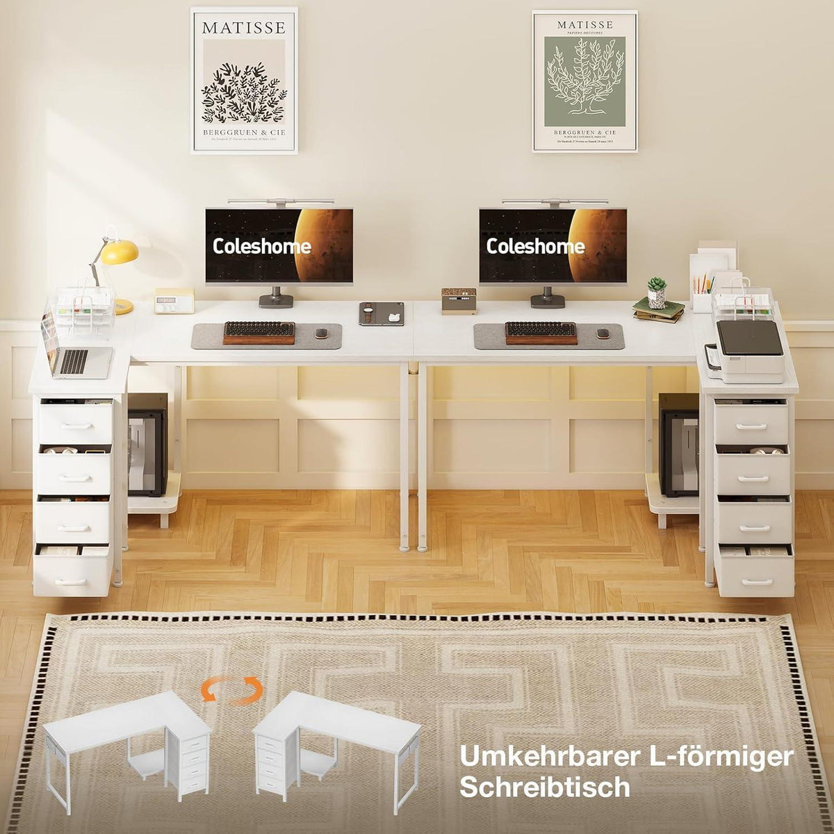 Eckschreibtisch L-Form 120x70cm mit 4 Schubladen, Weiß
