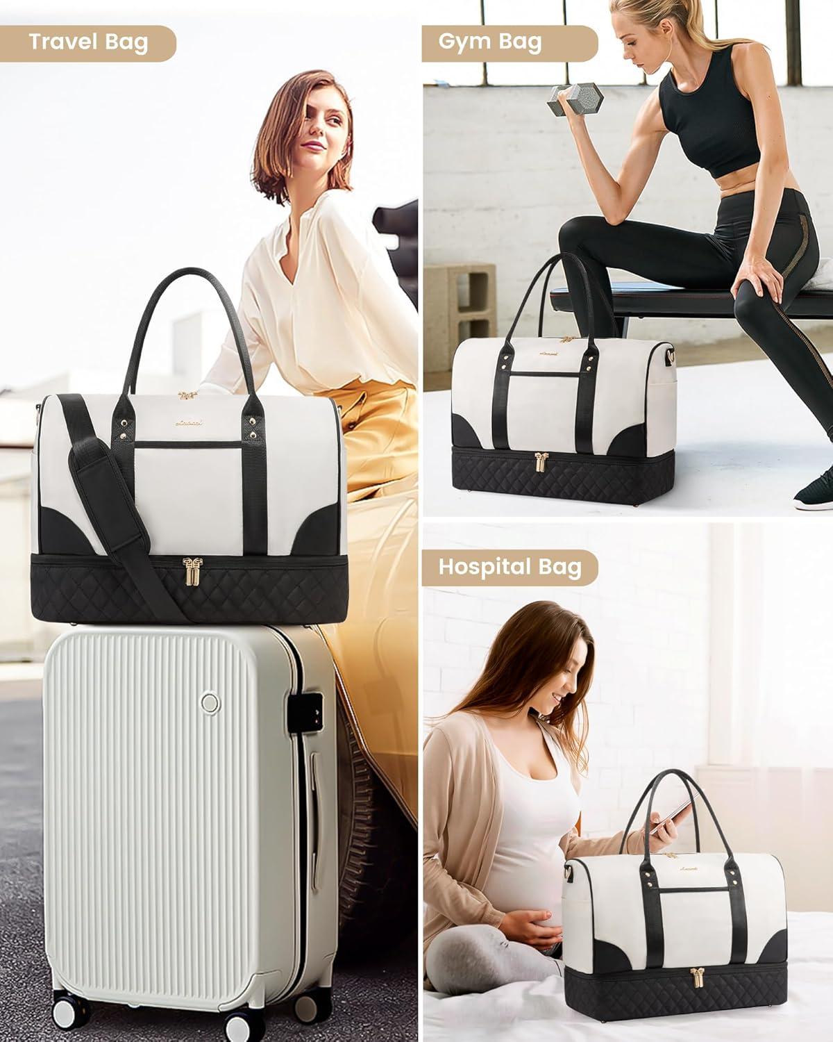 LOVEVOOK Damen Reisetasche Weekender Bag mit Schuh- & Nassfach, 2-er Set, Schwarz & Beige