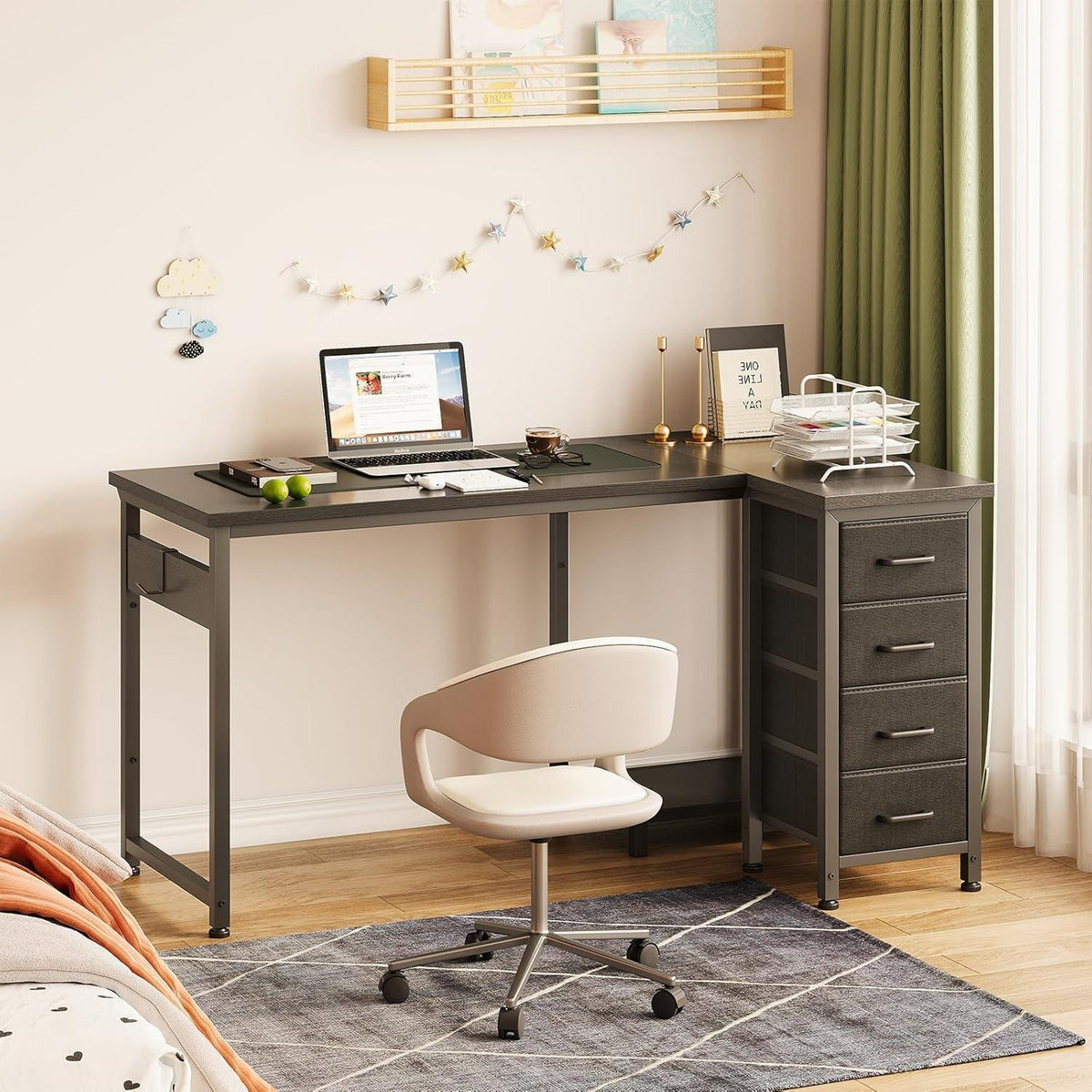 Eckschreibtisch L-Form mit 4 Schubladen, 120x70cm, Schwarz
