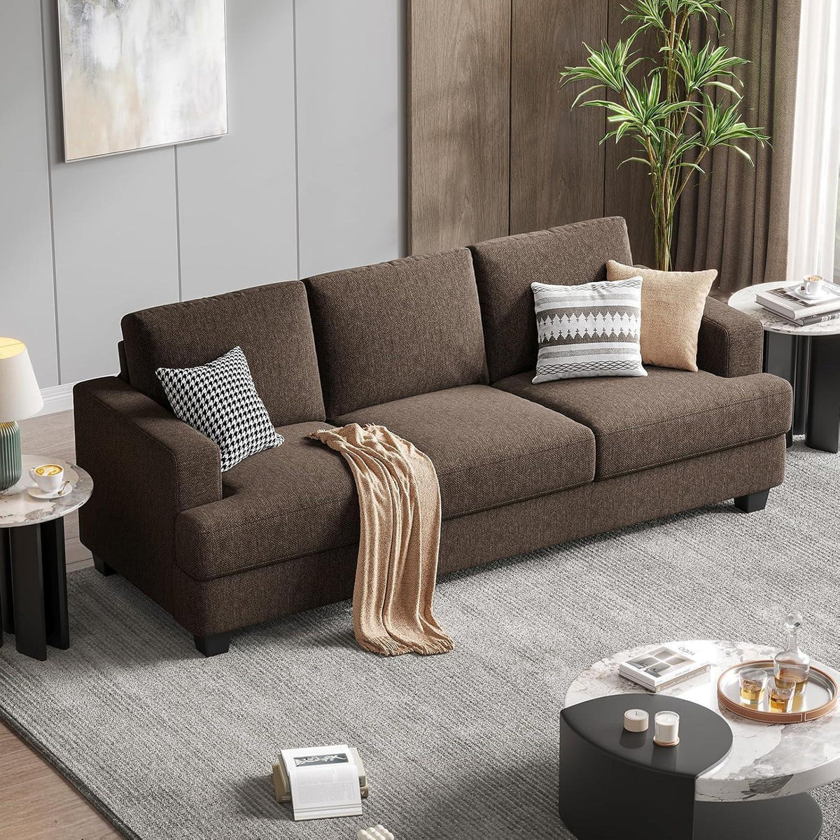 Bequemes 3-Sitzer Sofa mit tiefer Sitzfläche & Leinenbezug