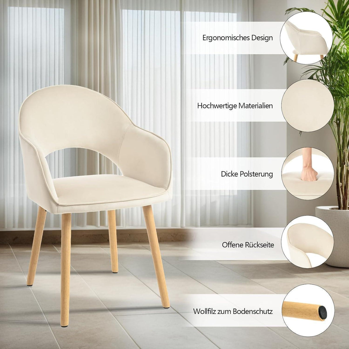 Esszimmerstühle 6er Set Beige mit Samt & Holzbeinen