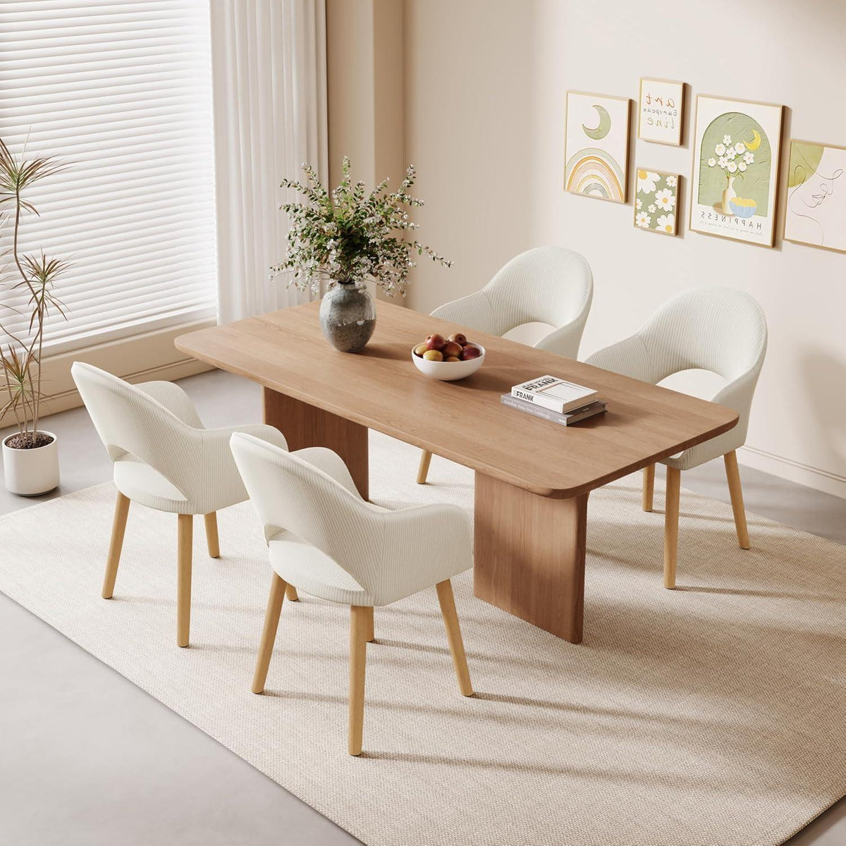 Esszimmerstühle Set 4 beige Cord mit Armlehnen & Holzbeinen