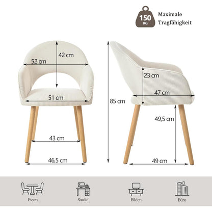 Esszimmerstühle Set 4 beige Cord mit Armlehnen & Holzbeinen