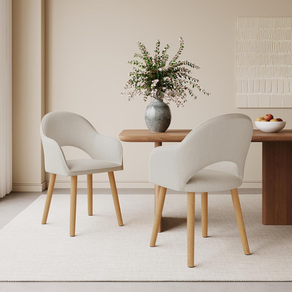 Esszimmerstühle Set 4 beige Cord mit Armlehnen & Holzbeinen