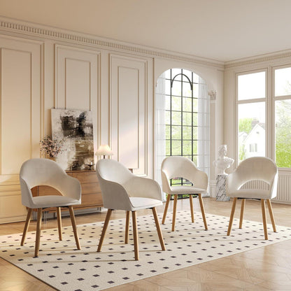 Esszimmerstühle Set Beige Samt mit Armlehnen & Holzbeinen