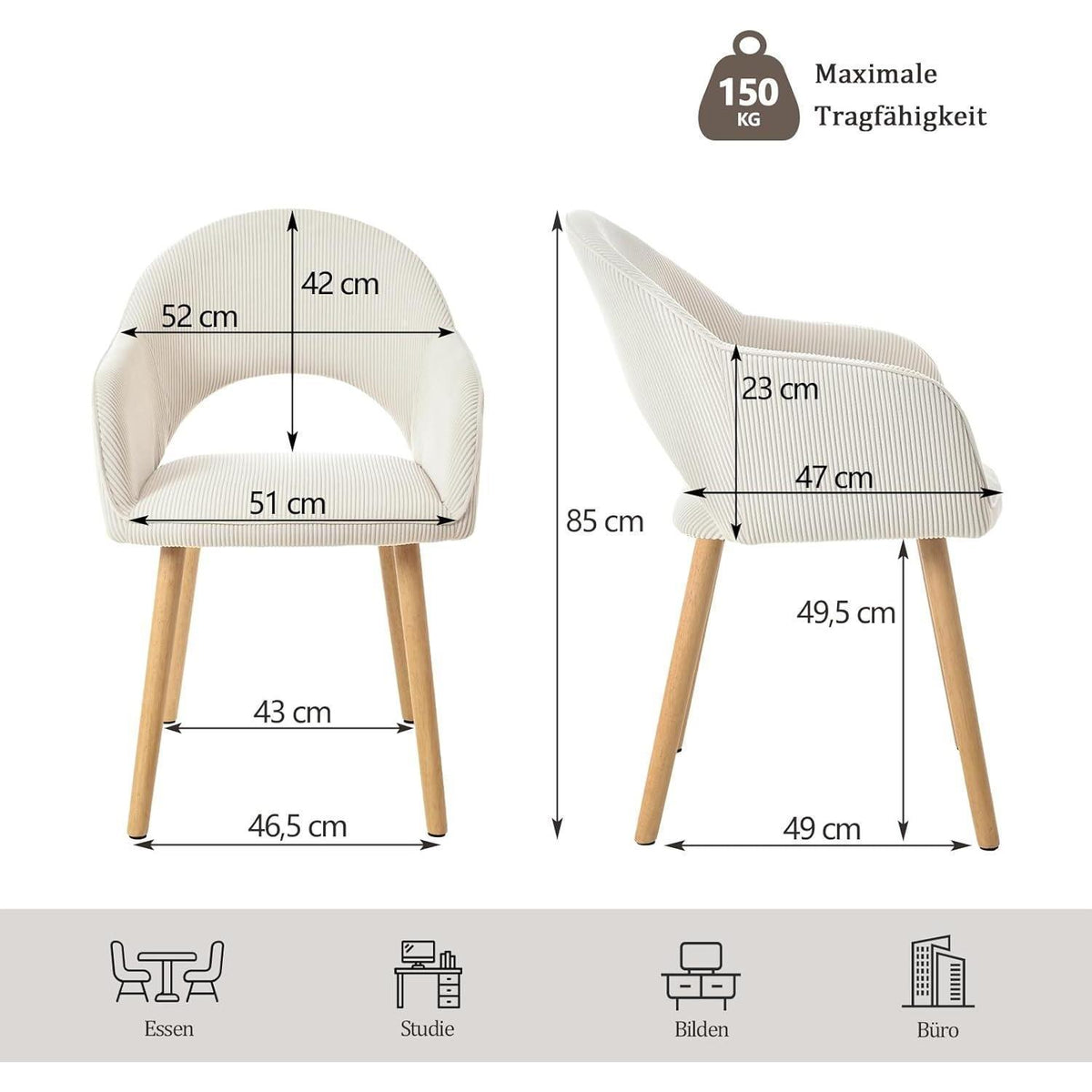Esszimmerstuhl Cord Beige Holzbeine – 2er Set mit Armlehne