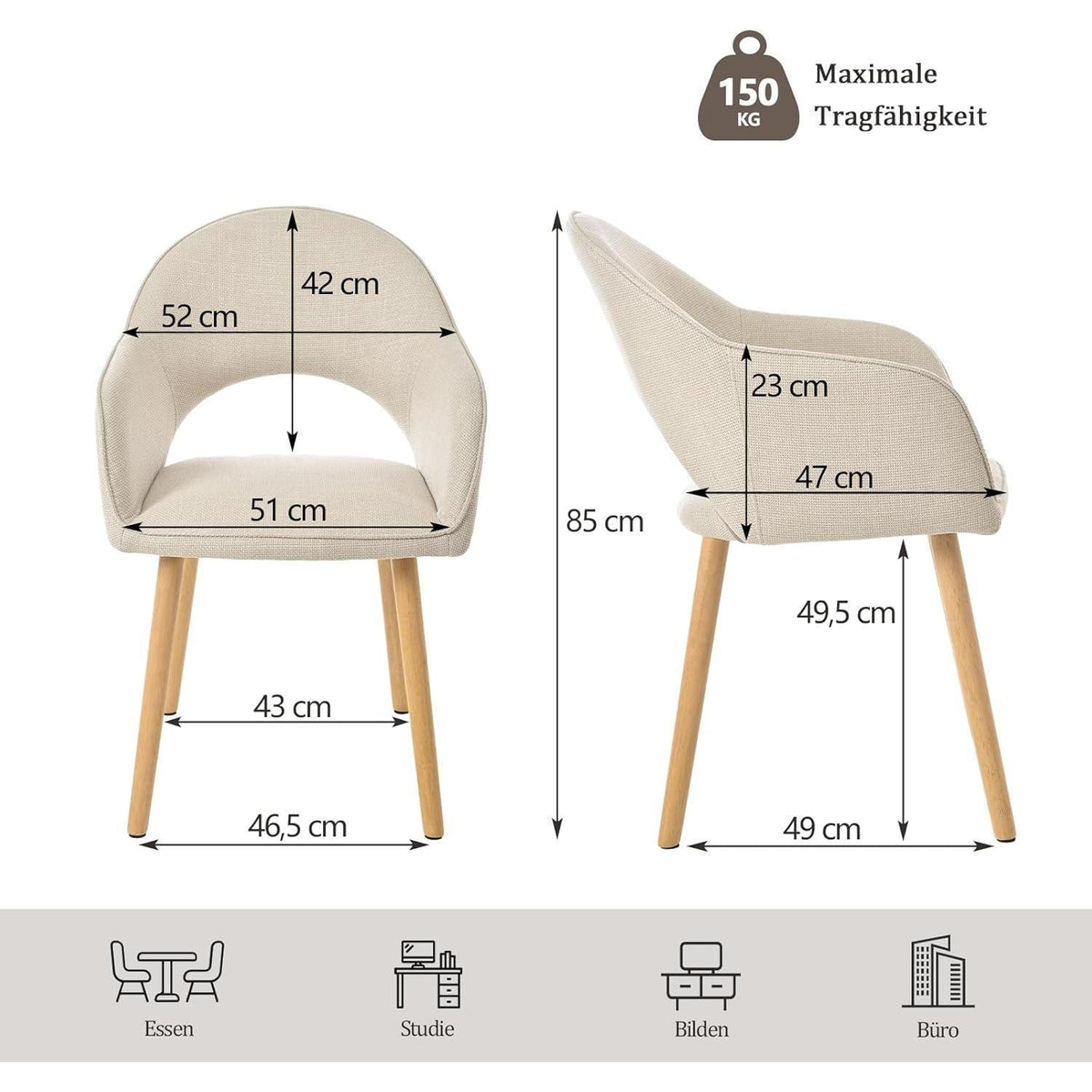 Esszimmerstühle Set Beige Holzbeine mit Armlehne – 4er Set