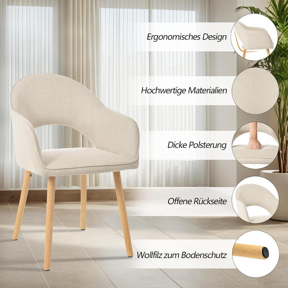 Esszimmerstühle Set Beige Holzbeine mit Armlehne – 4er Set