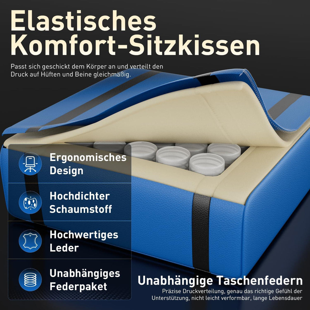 Gaming Stuhl Schwarz-Blau, Ergonomisch, PC Stuhl mit