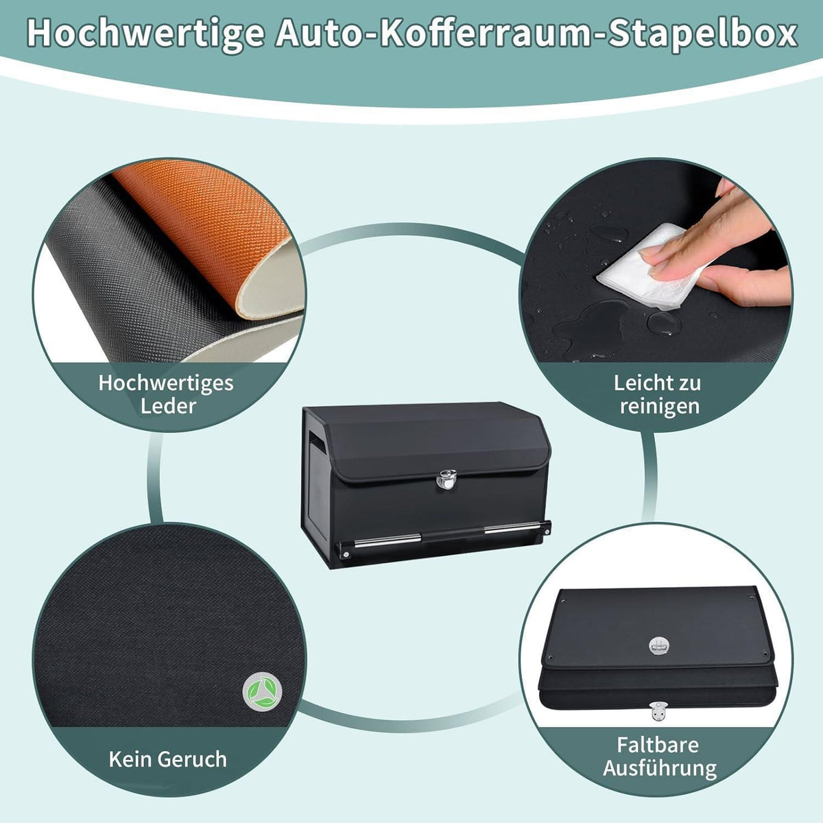 Auto Kofferraum Organizer mit Deckel & Griff - 52x29x31cm in Lederoptik