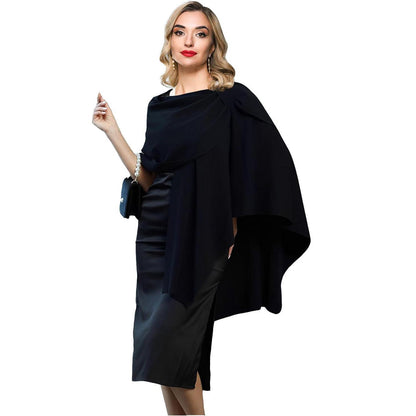 Damen Poncho Schal kuschelweich, Strick Cape Cardigan Schwarz