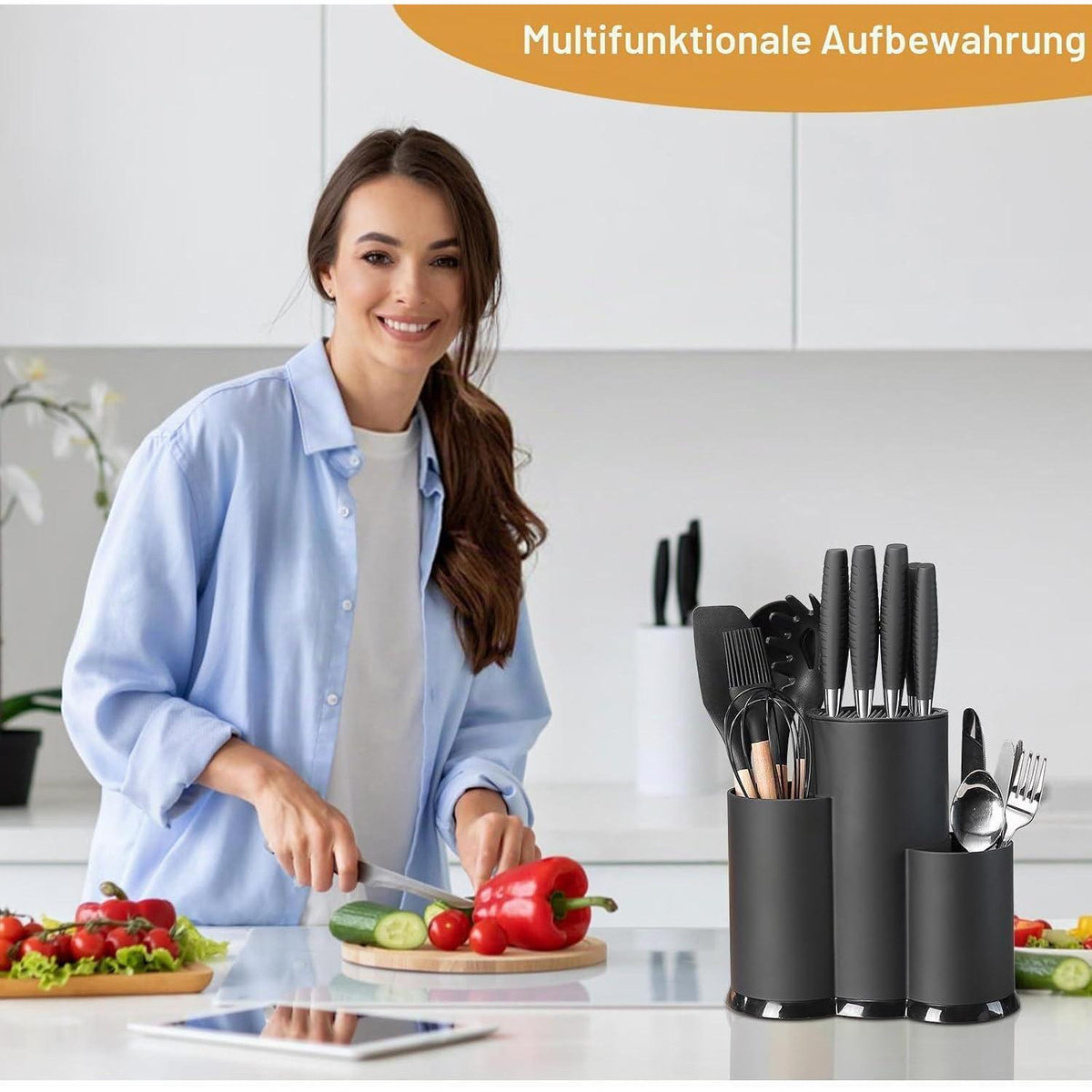 3in1 Messerblock Schwarz | Messerhalter für Küche & Utensilien