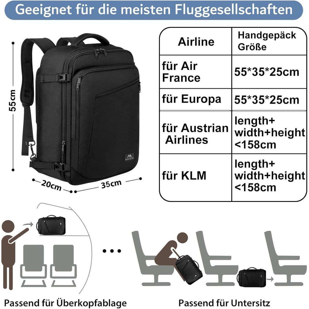 50L Handgepäck Rucksack erweiterbar, schwarz