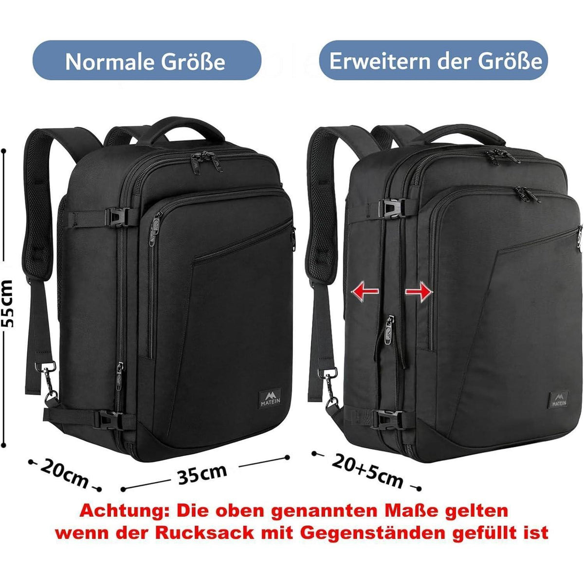 50L Handgepäck Rucksack erweiterbar, schwarz