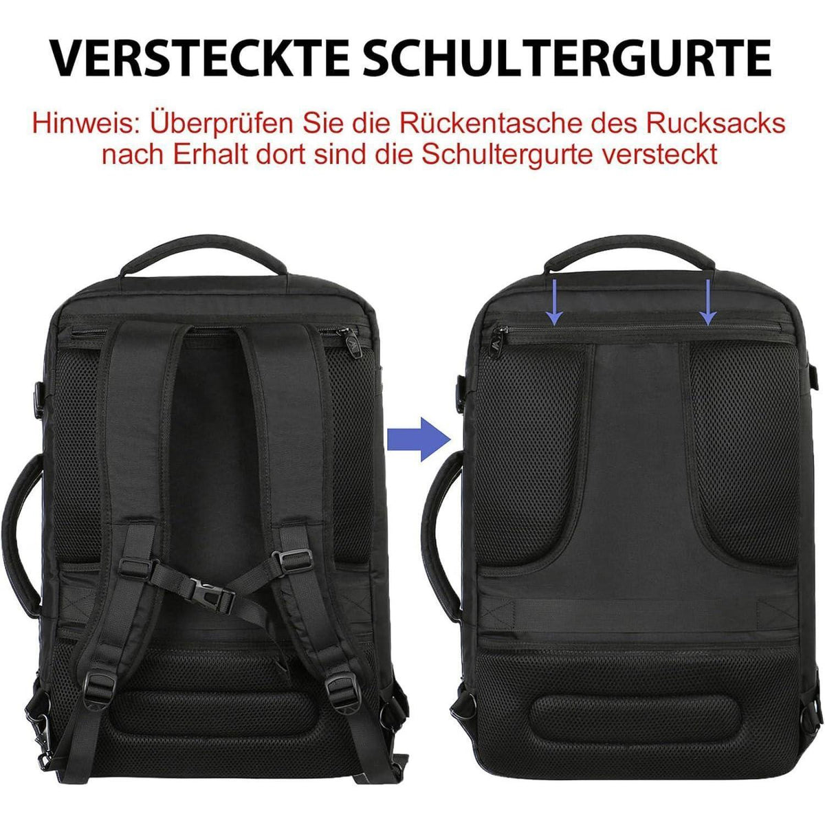 50L Handgepäck Rucksack erweiterbar, schwarz