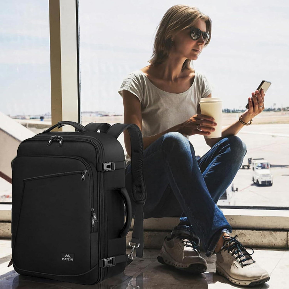50L Handgepäck Rucksack erweiterbar, schwarz