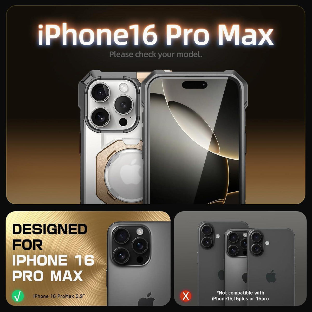iPhone 16 Pro Max Hülle mit Ständer & MagSafe – Gold