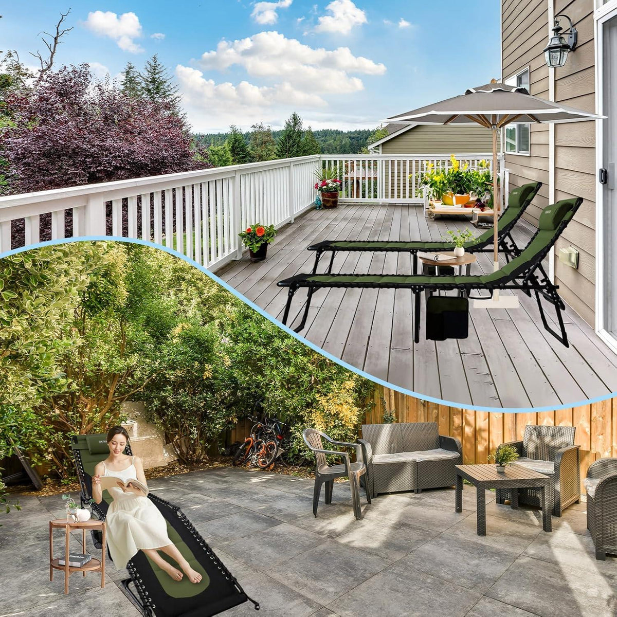 Klappbare Sonnenliege Gartenliege 5-fach verstellbar mit Kissen 190x59CM Grün