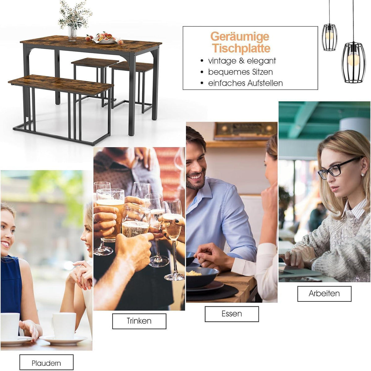 Esstisch Set 4-teilig mit Bank & Hockern – Rustikales Braun