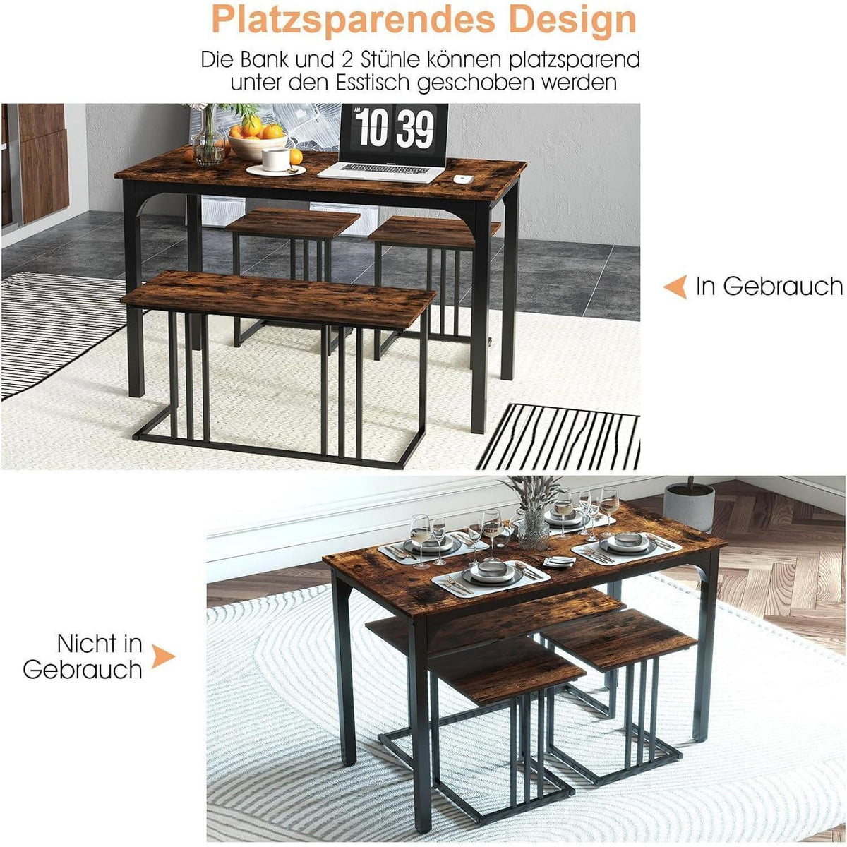 Esstisch Set 4-teilig mit Bank & Hockern – Rustikales Braun