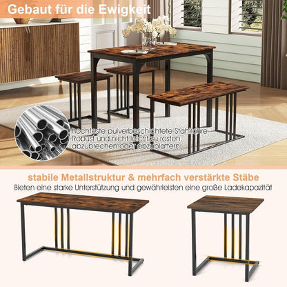 Esstisch Set 4-teilig mit Bank & Hockern – Rustikales Braun