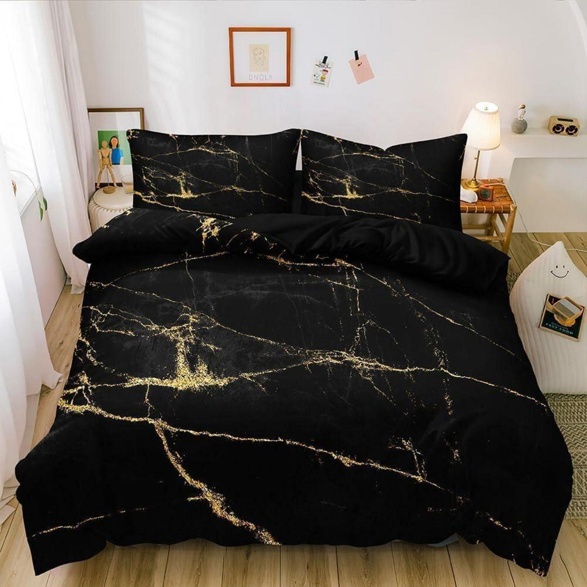 Marmor Bettwäsche Set Schwarz Gold 135x200 cm Mikrofaser