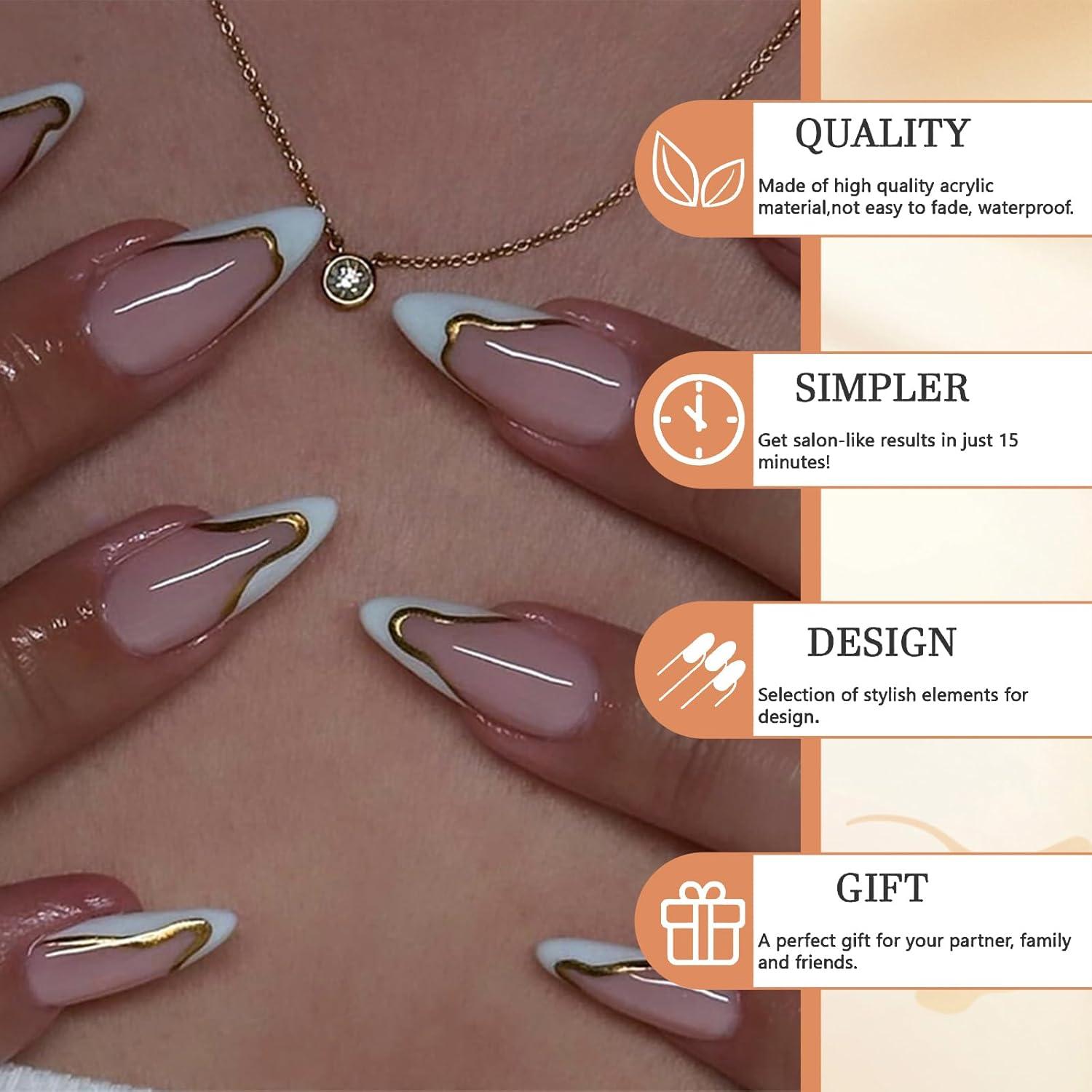 24 Stück Weiße Mandel-Drucknägel Glänzend Gold French Tip Medium-Stiletto