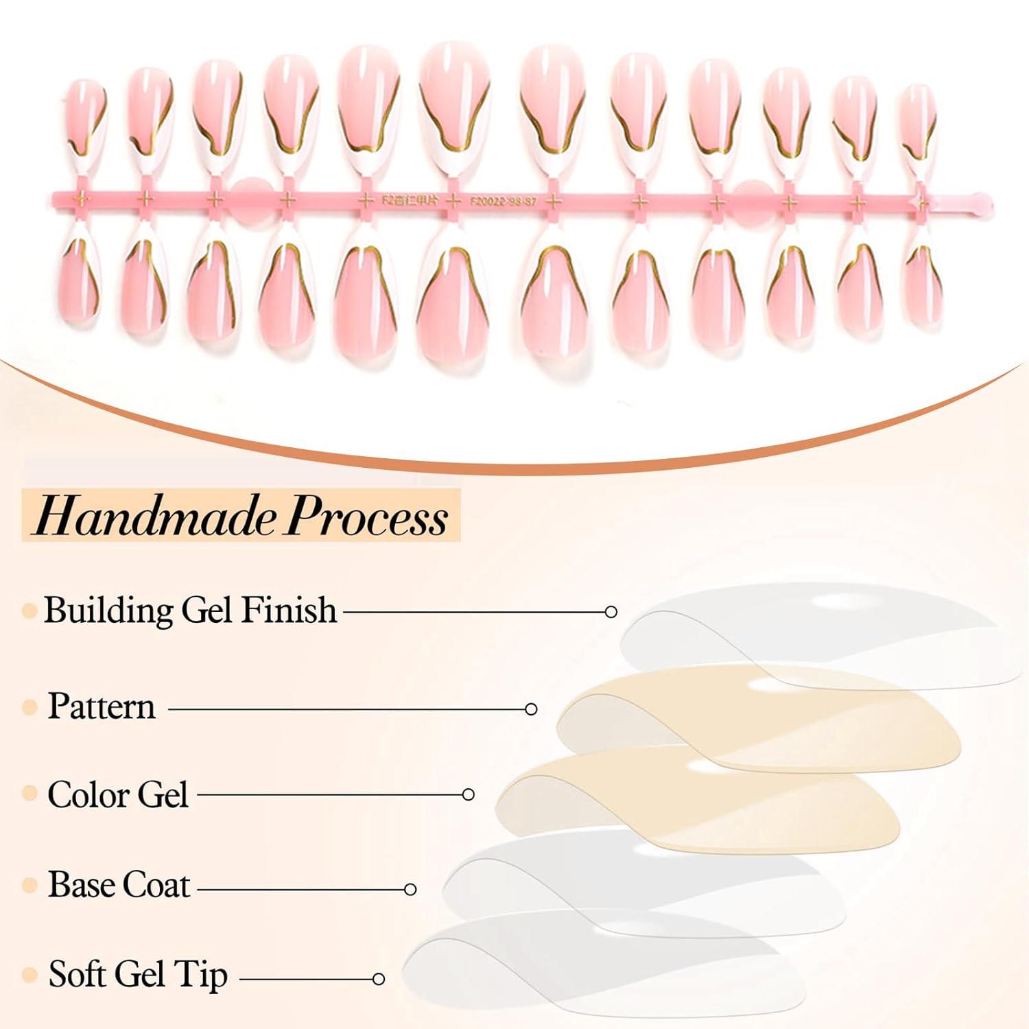 24x Glänzende Weiße Mittel Mandel Falsche Nägel Gold Akryl French Tip