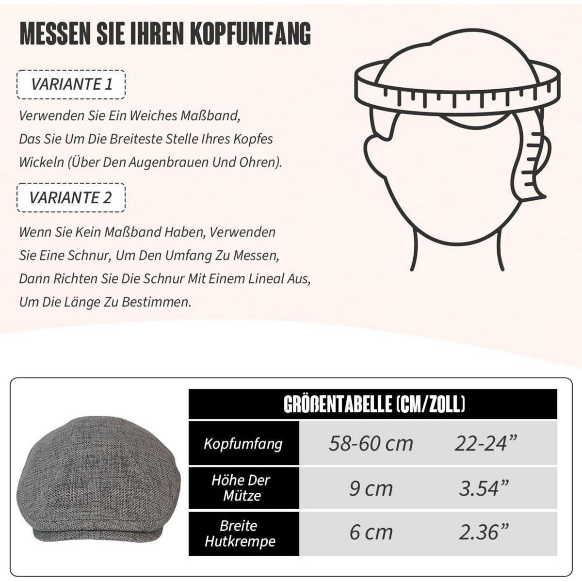 Schiebermütze Herren Baumwolle Leinen Grau - Gatsby Flatcap Newsboy Cap