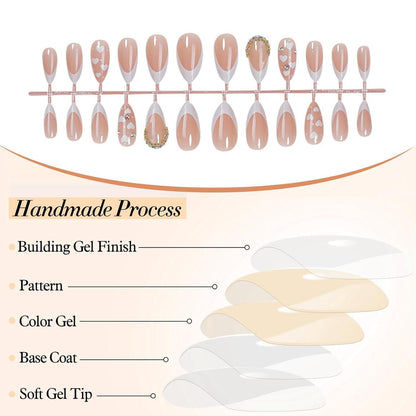 24x Mittelgroße Weiße French Tip Press On Nägel mit Juwel Design