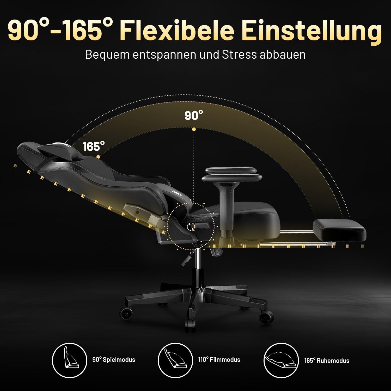 Ergonomischer Gaming Stuhl Schwarz 90-165° verstellbar mit