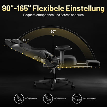 Ergonomischer Gaming Stuhl Schwarz 90-165° verstellbar mit