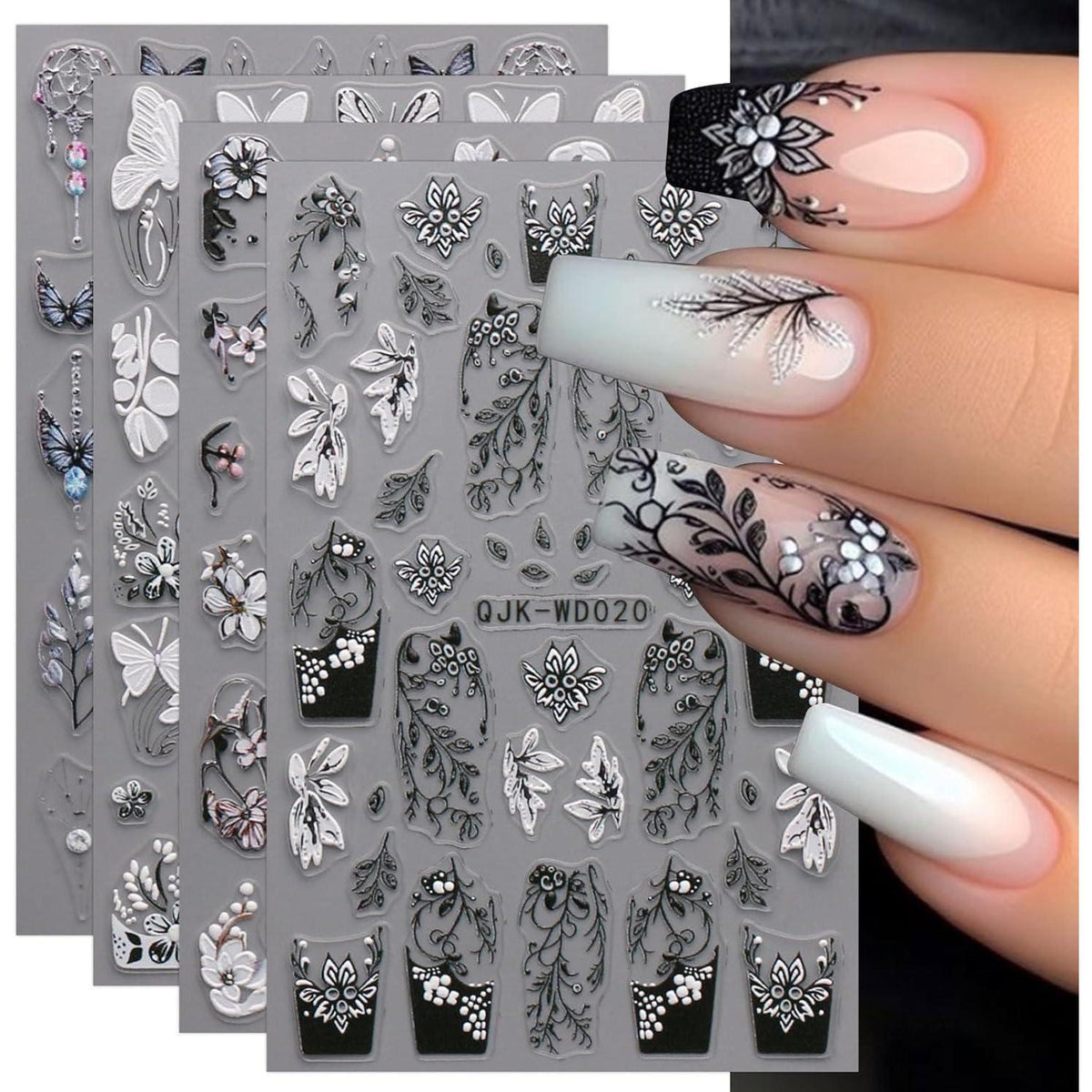 Nagelsticker Schwarz Weiß Blume – 6 Blatt Nail Art Aufkleber