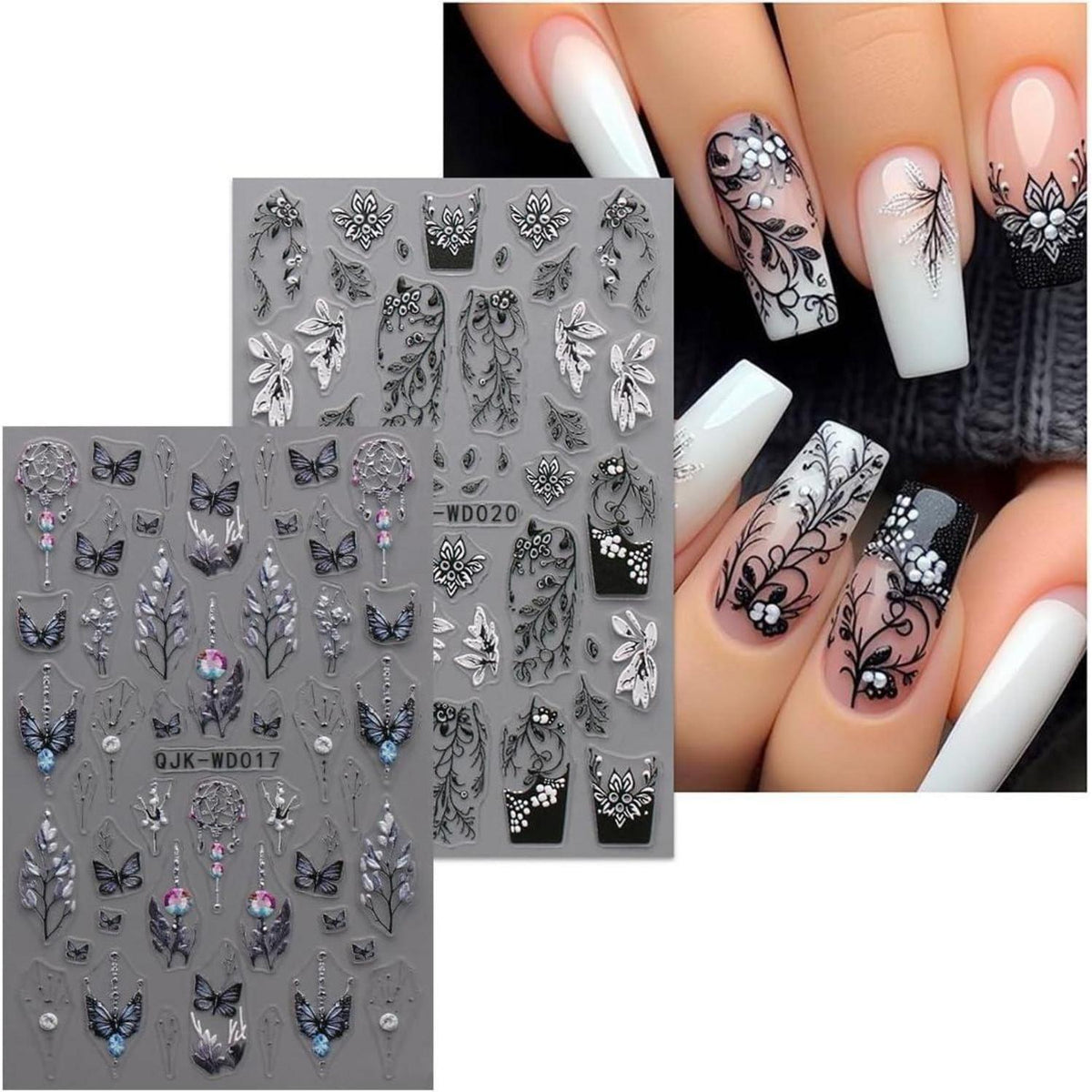 Nagelsticker Schwarz Weiß Blume – 6 Blatt Nail Art Aufkleber