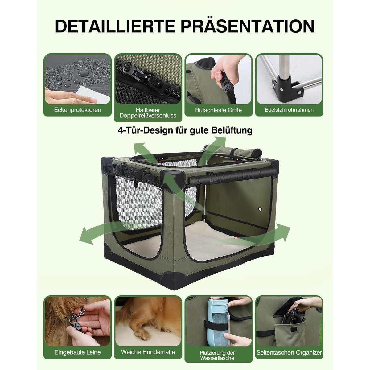 Faltbare Hundebox für mittelgroße Hunde – Grün, 106x78x78cm