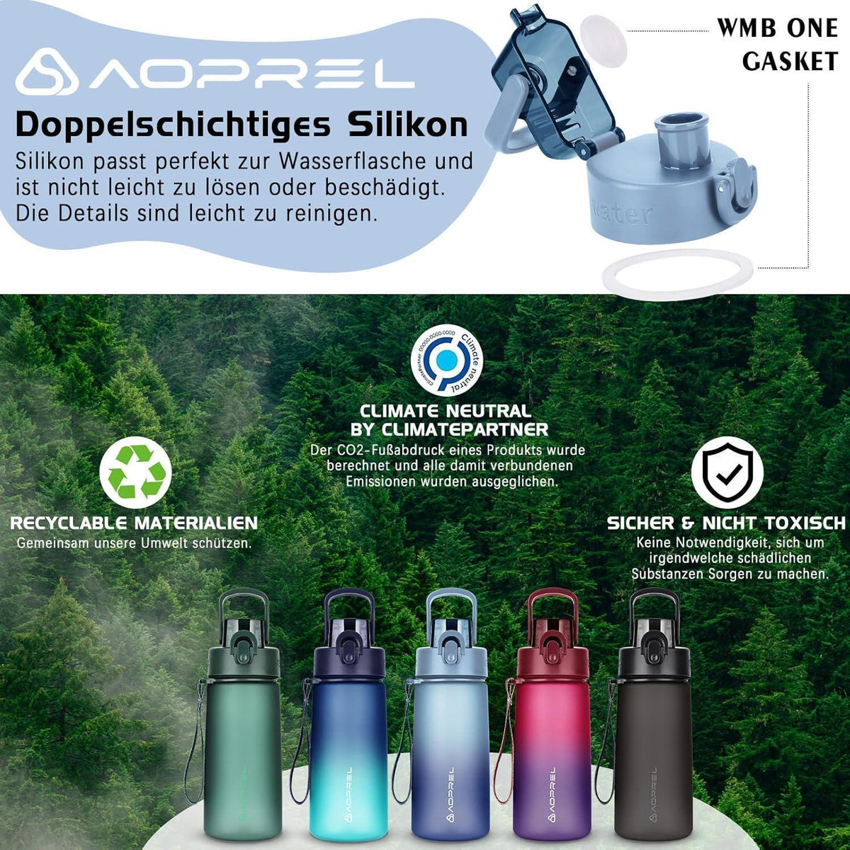Trinkflasche 600ml BPA-frei Tritan Farbverlauf Hellblau Dunkelblau