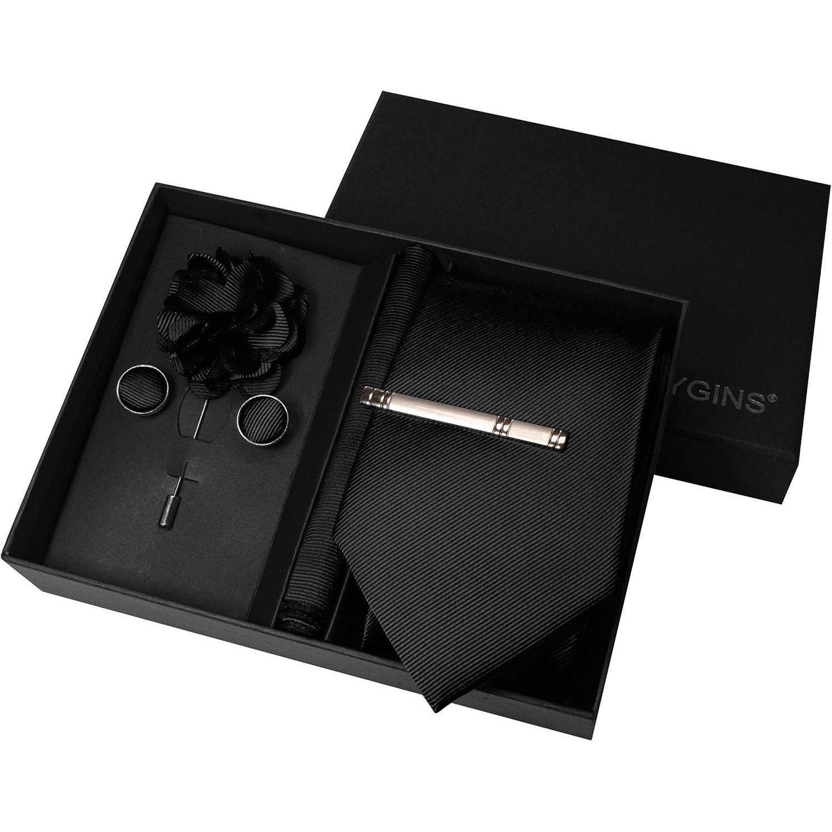 Herren Krawatten-Set mit Accessoires – Schwarz