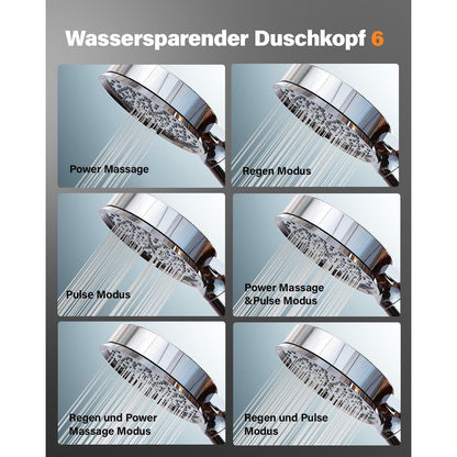 Filter Duschkopf mit Schlauch & 6 Strahlarten – Kalkfrei & Sparend