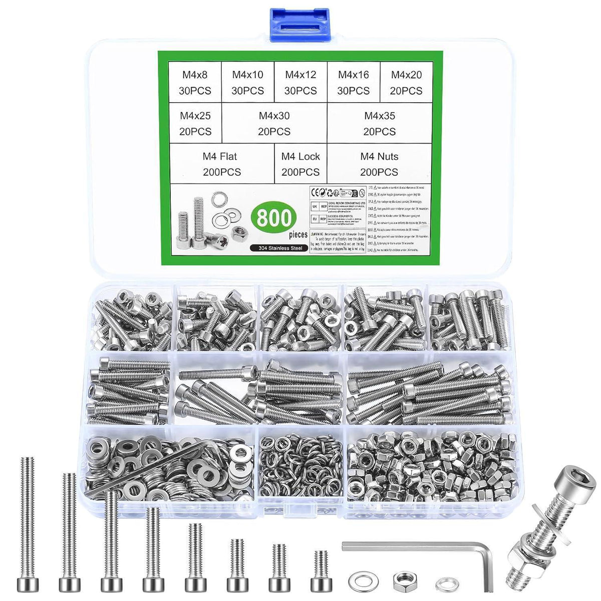 800tlg M4 Schrauben Set Edelstahl mit Muttern & Scheiben