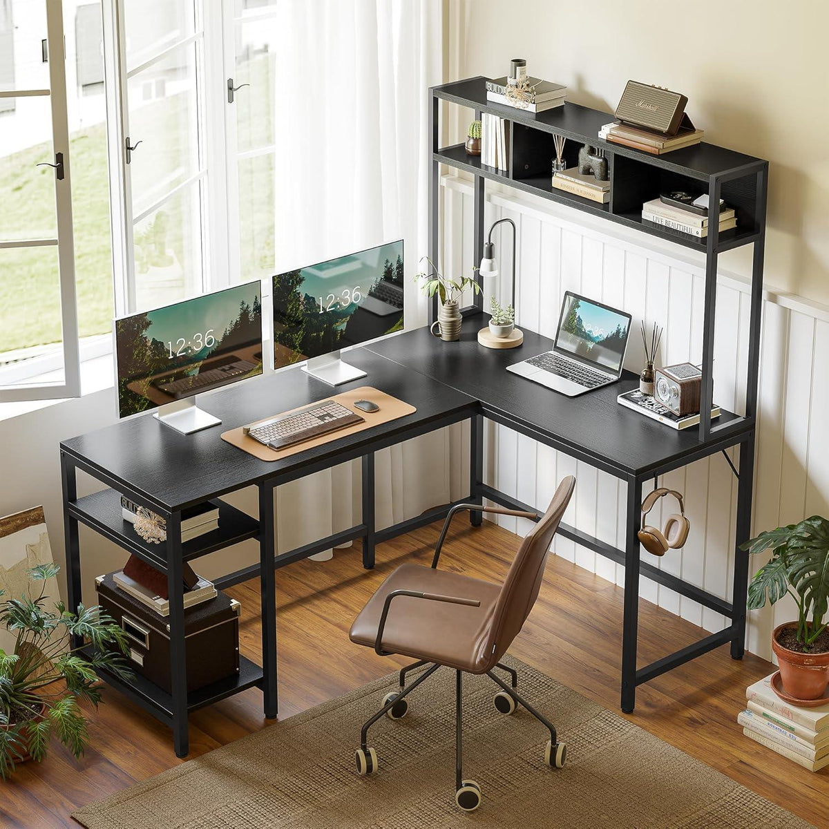 Schreibtisch L-Form mit Regal, Gaming, Schwarz, 150x120 cm