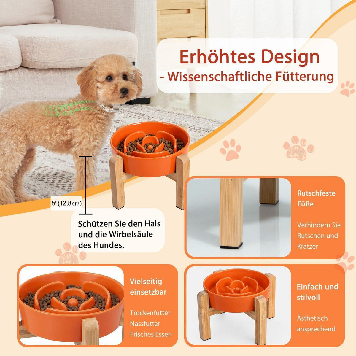 Hundenapf Keramik erhöht - Slow Feeder Orange 17cm